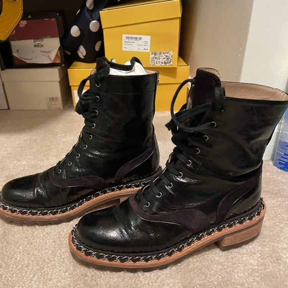 CHANEL PATENT & SUEDE COMBAT BOOTS WITH CHAIN - Picture 2 of 6